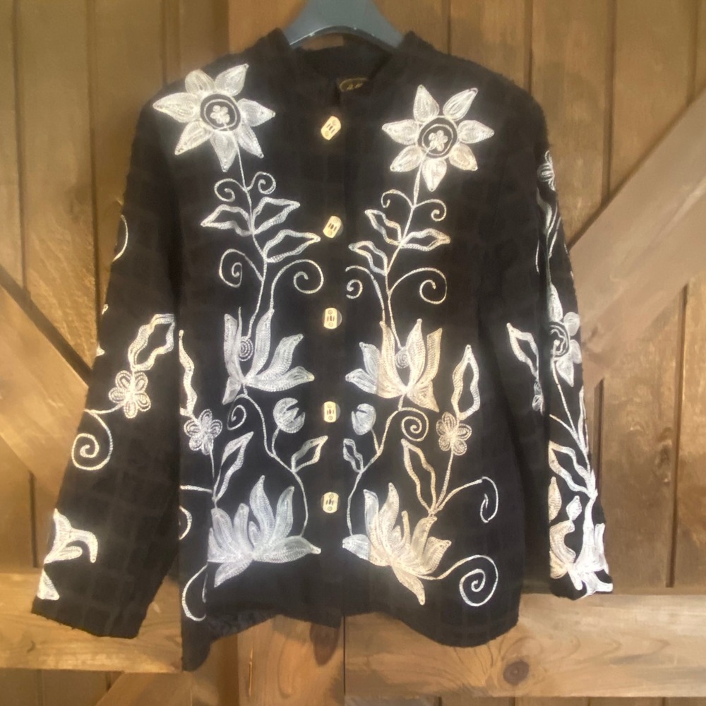 Allure Floral Embroidered Jacket Womens Medium Black Art to Wear Excellent